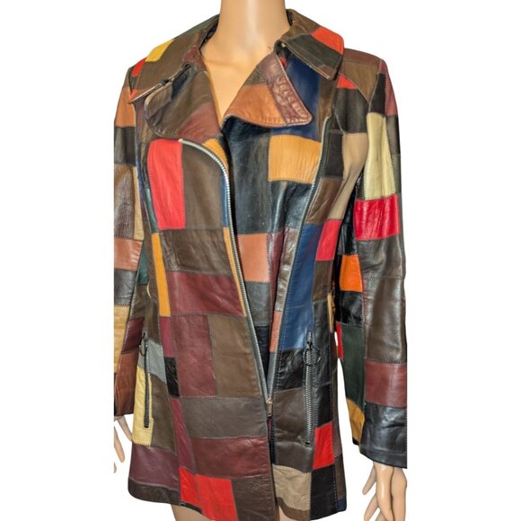 La Vogue Patchwork Leather Jacket Vintage Women Size 10 Multi-Colored 3/4 Length